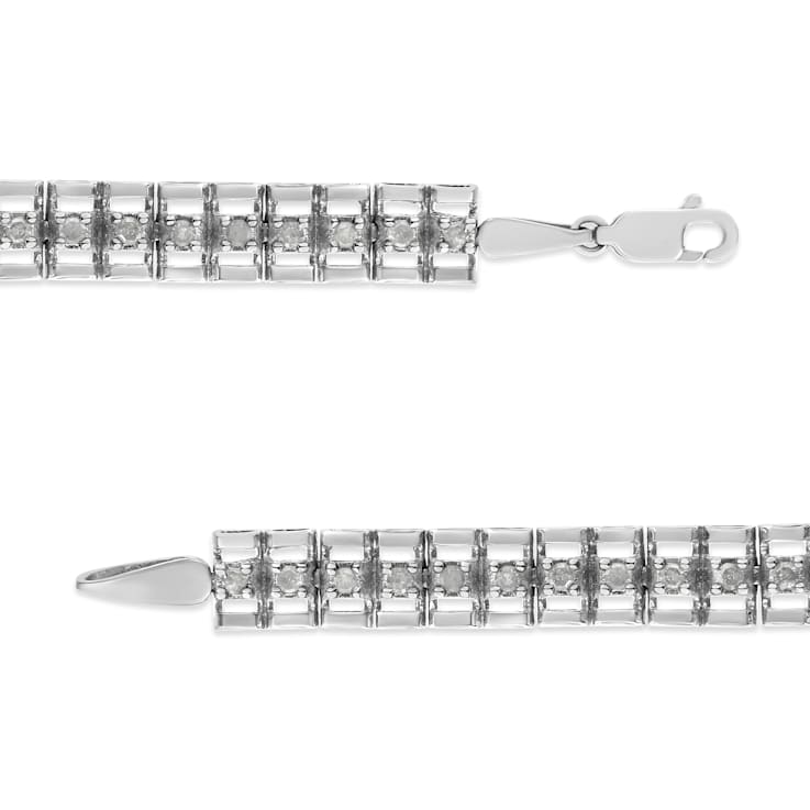 Rhodium Over Sterling Silver 1.0 Cttw Diamond Double-Link Tennis Bracelet