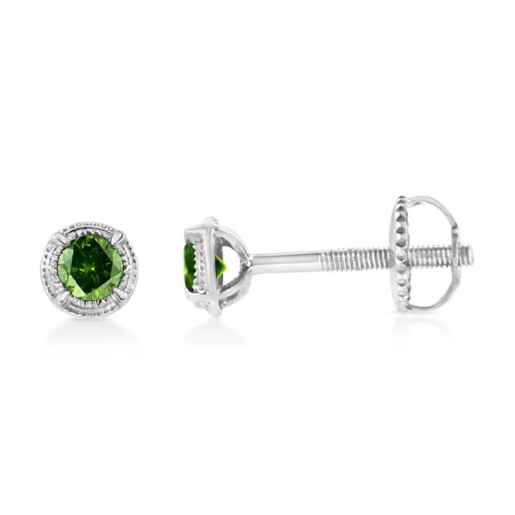 0.33ctw Treated Green Diamond Solitaire Sterling Silver Stud Earrings