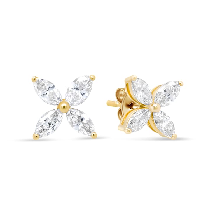 14K Yellow Gold 3/4ctw Marquise Diamond 8 Stone Floral Leaf Stud Earrings