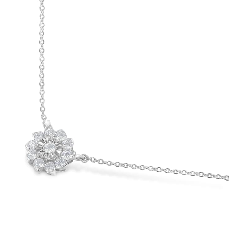 0.50ctw Diamond Flower Cluster Sterling Silver Pendant Necklace