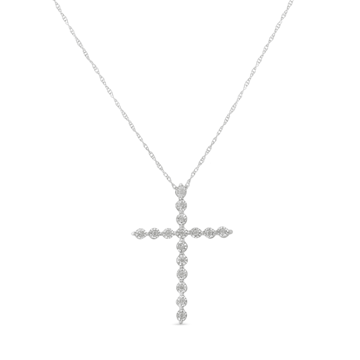 1/10ctw Diamond Shared Prong Cross Sterling Silver Pendant Necklace with
18" Chain