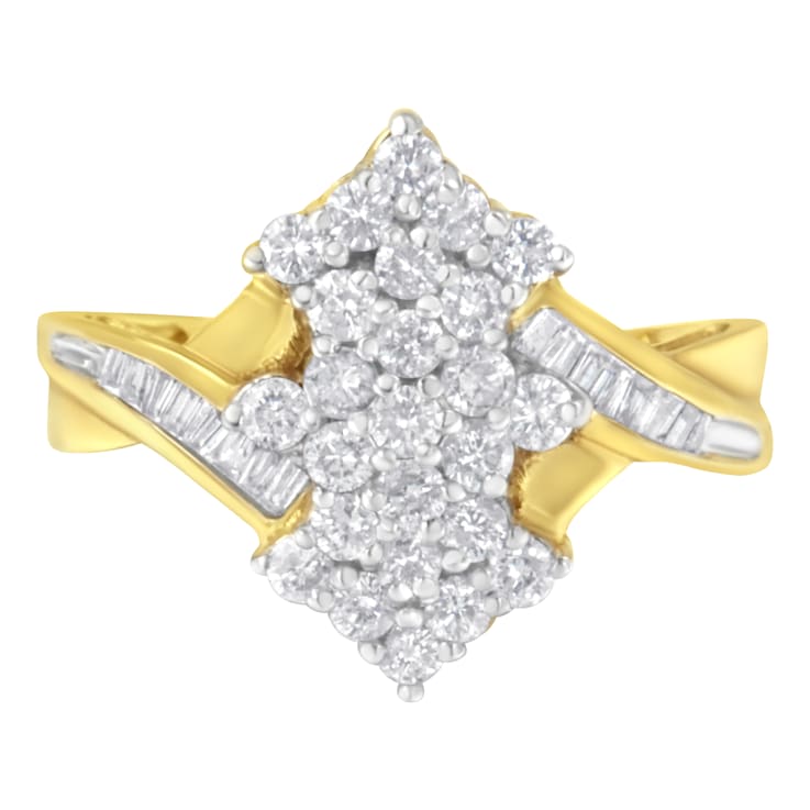 10K Yellow Gold Round And Baguette Cut Diamond Cluster Ring (1 1/10
Cttw, H-I Color, SI2-I1 Clarity)