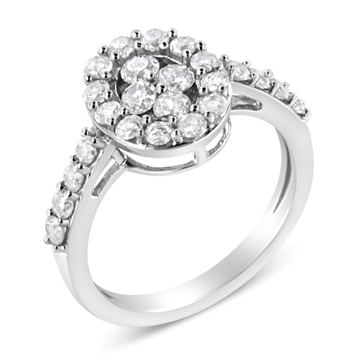 Sterling Silver 1.0ctw Brilliant-Cut Diamond Halo-Style Cluster Oval
Ring (I-J Color, I3 Clarity)
