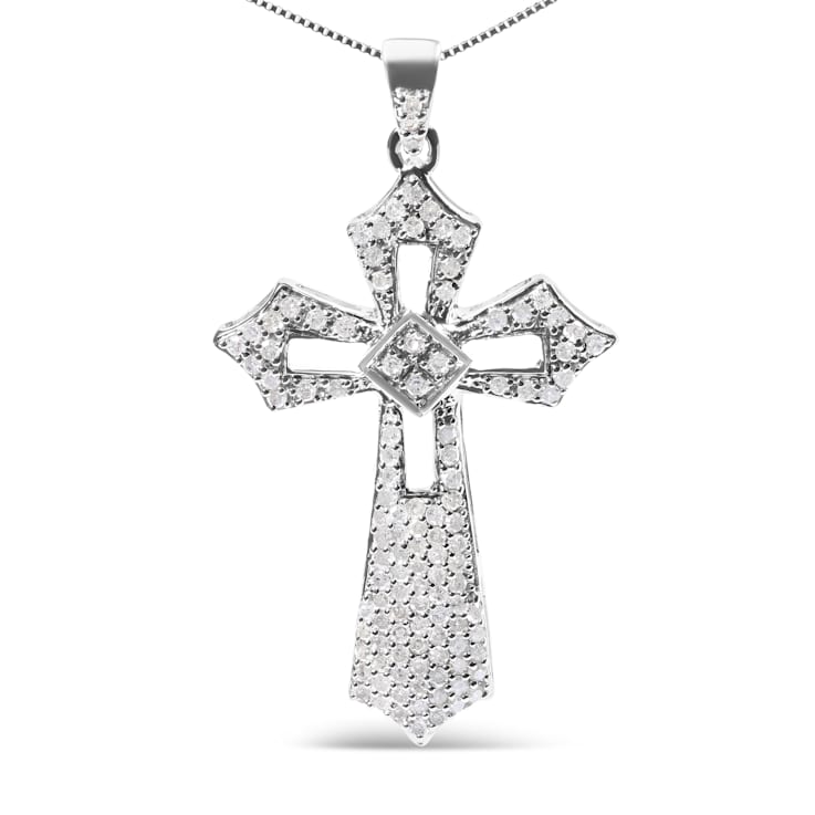Sterling Silver 1.00 Cttw Diamond Fleur De Lis Cross 18" Pendant Necklace