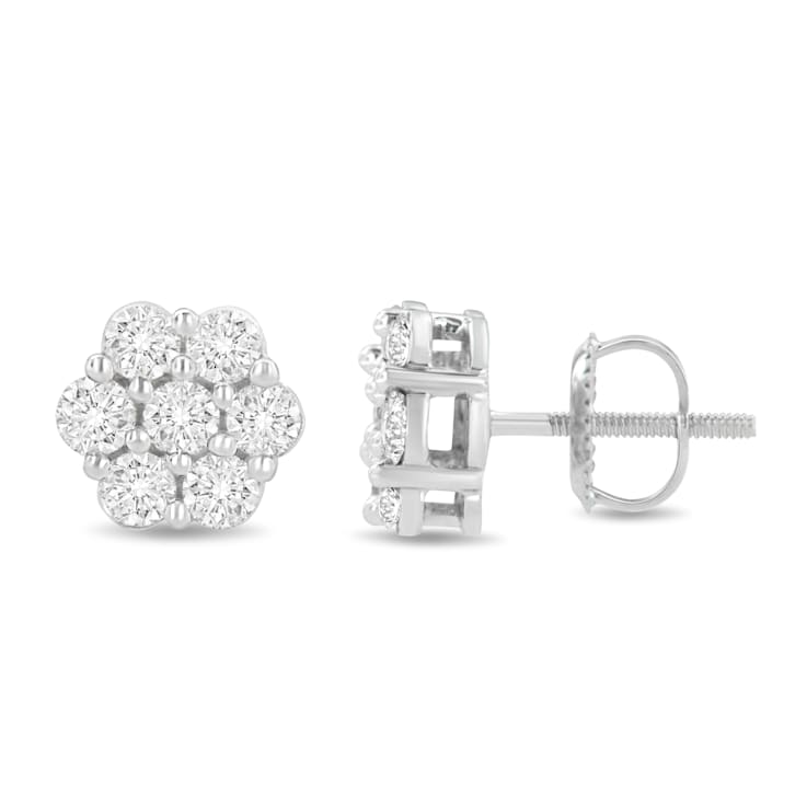 14K White Gold 1.0ctw Prong Set Round-Cut Diamond Floral Stud Earrings
