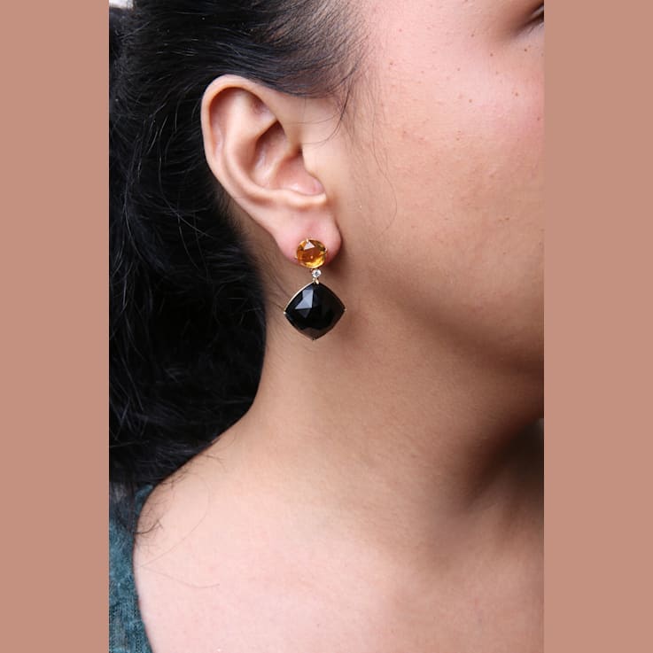 18K Yellow Gold Round Citrine and Cushion Cut Onyx Gemstone with Diamond
Accent Dangle Earrings