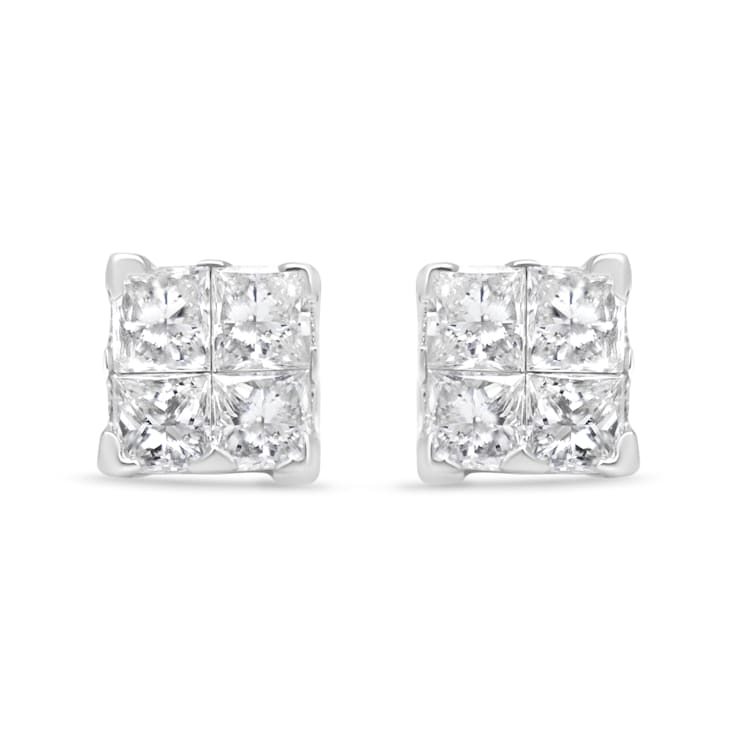 Sterling Silver 5/8ctw Princess Cut Diamond Invisible Set Quad Composite
Stud Earrings
