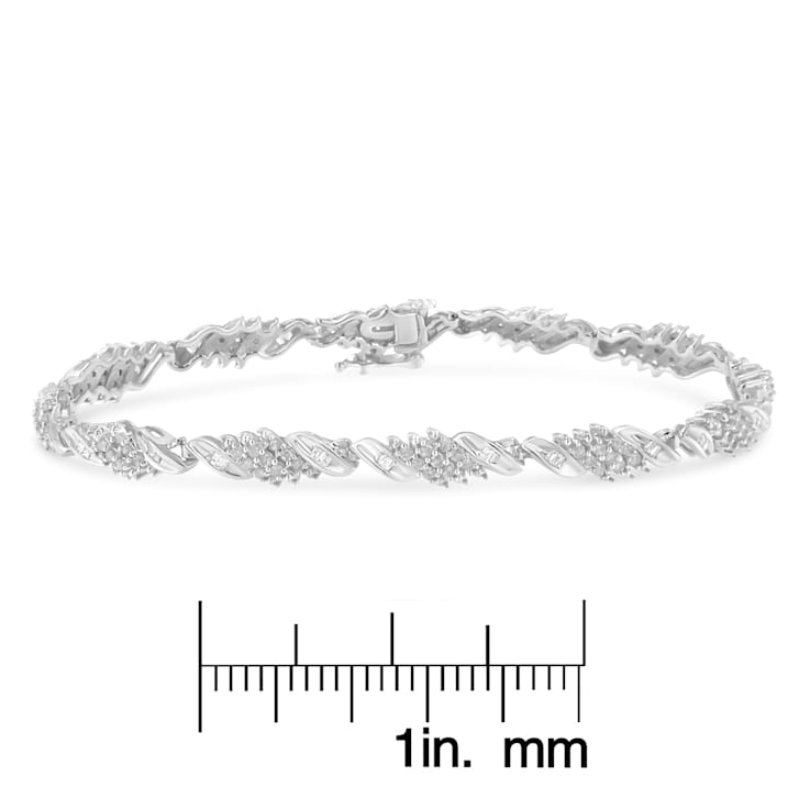 Sterling Silver 1.50ctw Round and Baguette Cut Diamond Wave Link Bracelet