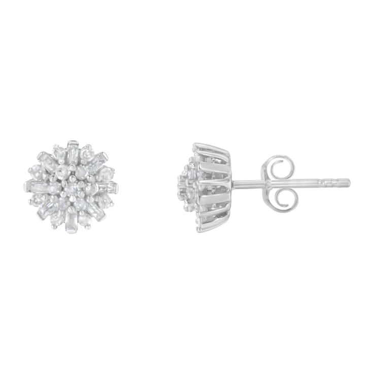 Sterling Silver 1/2 Round and Baguette Diamond Sunburst Floral Cluster
Stud Earrings