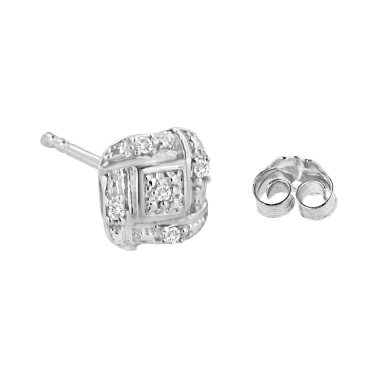 Sterling Silver Round Cut Diamond Square Stud Earrings .04ctw