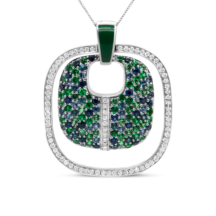 Sterling Silver Green Enamel with 1/2ctw Diamond, Sapphire, and
Tsavorite 18" Pendant w\chain