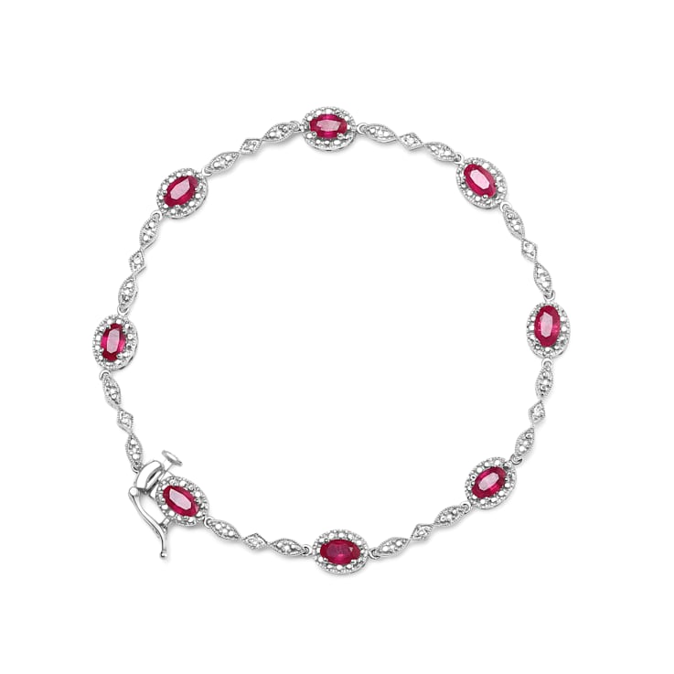 10K White Gold Ruby and Diamond Link Bracelet (H-I Color, SI1-SI2
Clarity)  - Size 7"