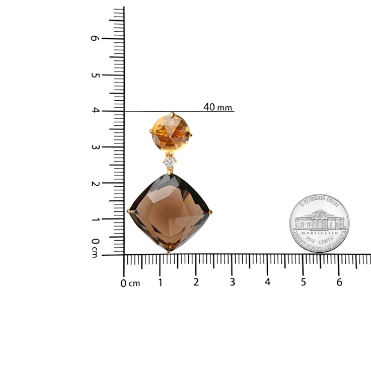 18K Yellow Gold Round Citrine and Cushion Cut Smoky Quartz Gemstone with
Diamond Accent Earrings