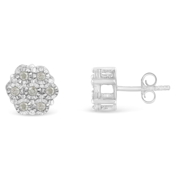 Sterling Silver 1/4ctw Round-Cut Diamond Miracle-Set Floral Cluster
Button Stud Earrings