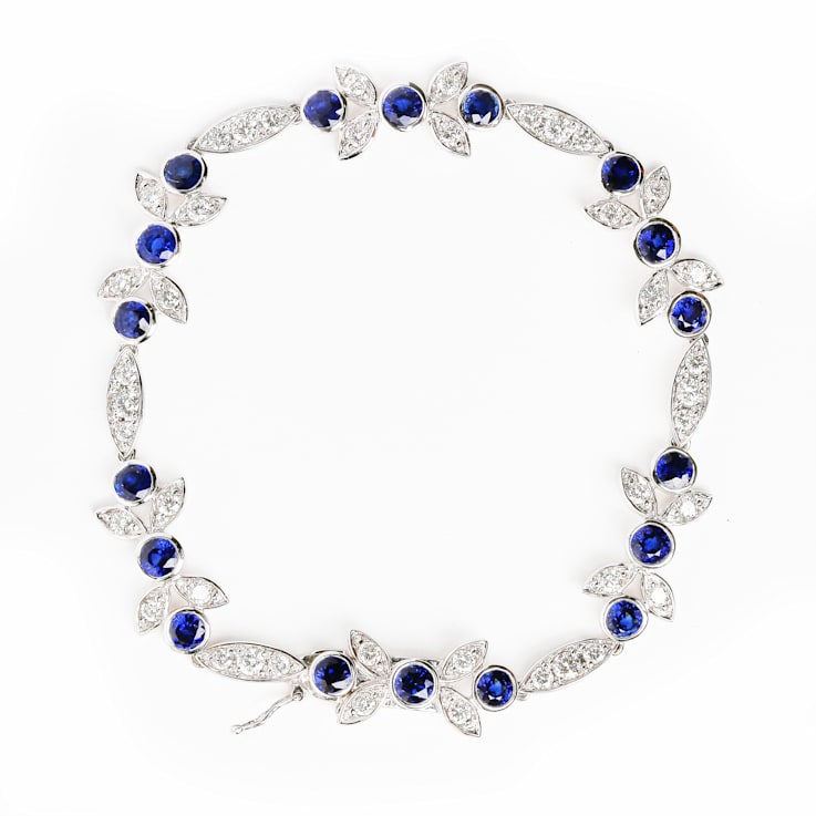 18K White Gold Round Blue Sapphire and Round Diamonds Floral Design Link Bracelet