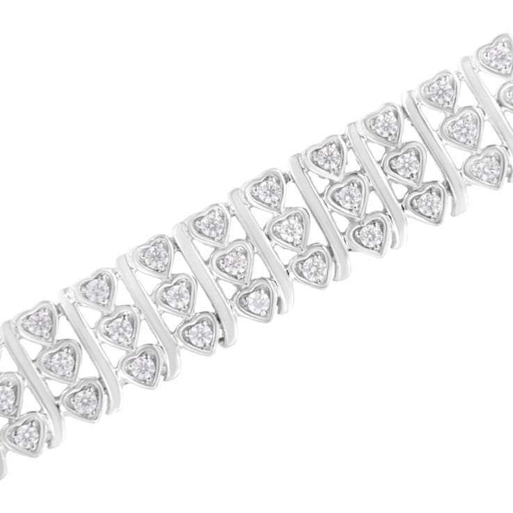 Sterling Silver 1.50ctw Round Diamond 3 Row Heart Link Bracelet