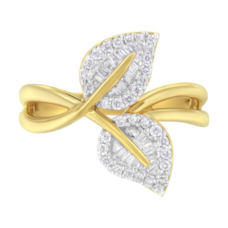 10K Yellow Gold 3/8ctw Round and Baguette-Cut Diamond Leaf Cocktail Ring
(I-J Color, I1-I2 Clarity)