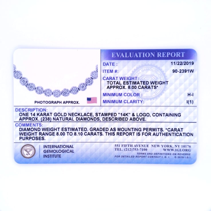 14K White Gold IGI Certified 8.0ctw Diamond Graduating Riviera Necklace
(H-I Color, I1 Clarity)