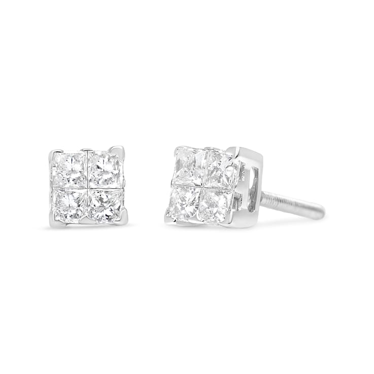 Sterling Silver 5/8ctw Princess Cut Diamond Invisible Set Quad Composite
Stud Earrings