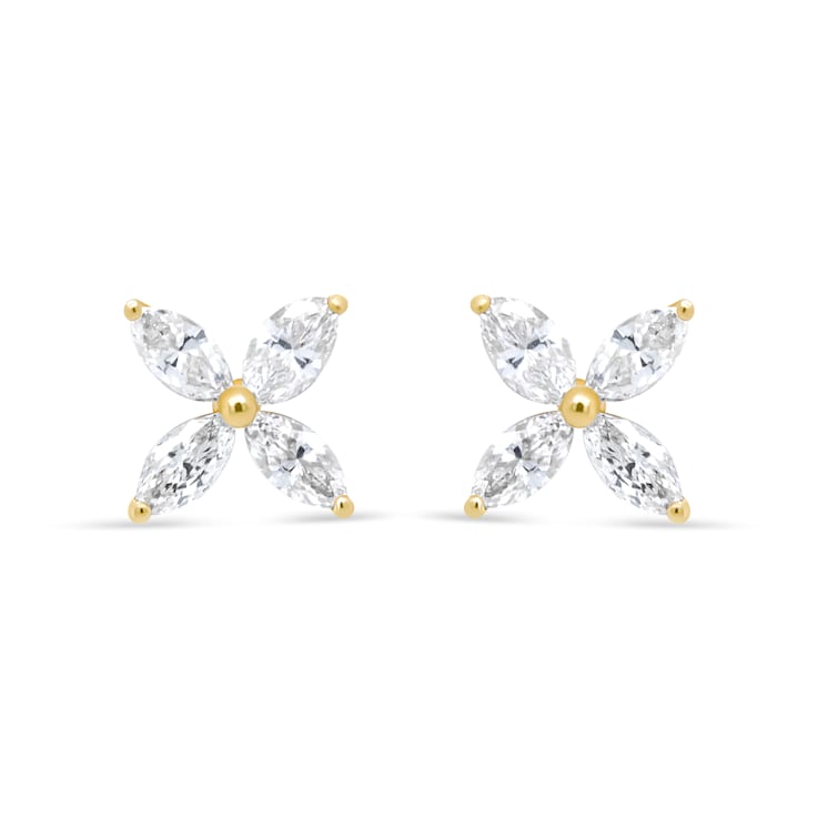 14K Yellow Gold 3/4ctw Marquise Diamond 8 Stone Floral Leaf Stud Earrings