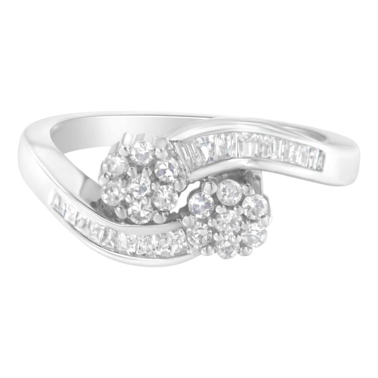 14K White Gold Round and Baguette Diamond Bypass Ring (1/2 cttw, H-I
Color, I1-I2 Clarity)