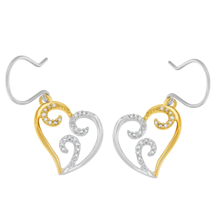 10K Two-tone Gold Round Diamond Heart Dangle Earrings 1/4ctw