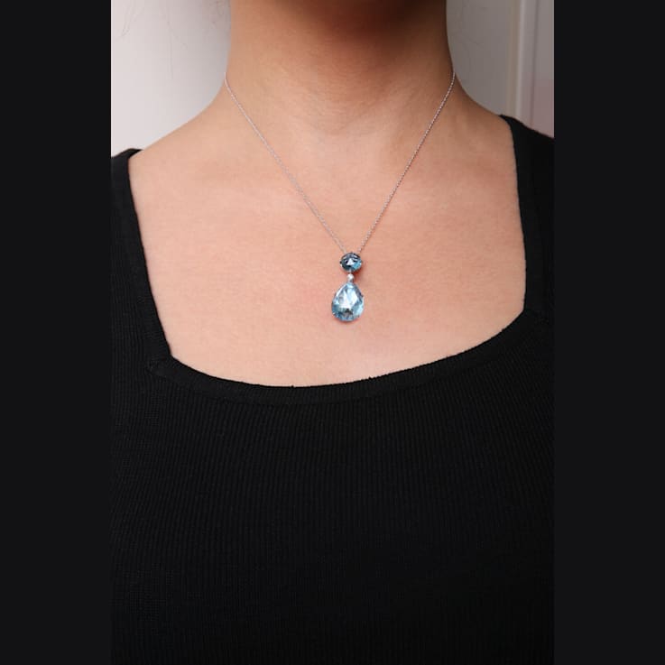 18K White Gold Pear Cut Blue Topaz and Round Blue Topaz with Diamond
Accent Dangle Drop Pendant