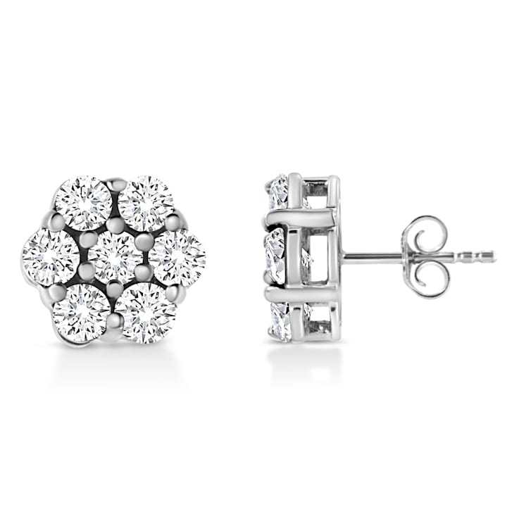 14K White Gold 1/2 Ctw Prong Set Round Diamond Flower Stud Earrings