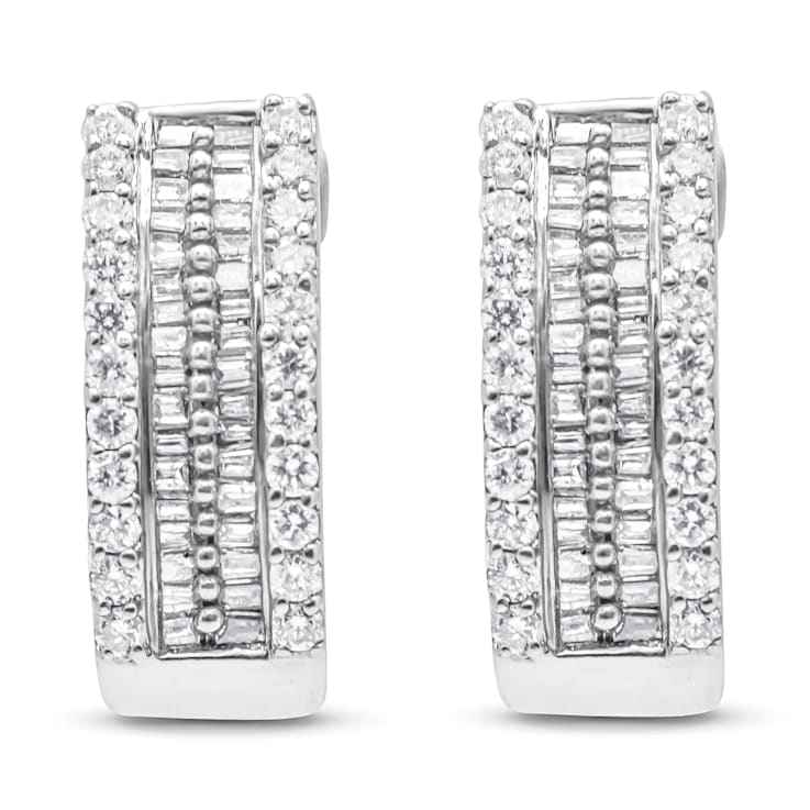 14K White Gold 1 1/2ctw Round and Baguette Cut Diamond Earrings