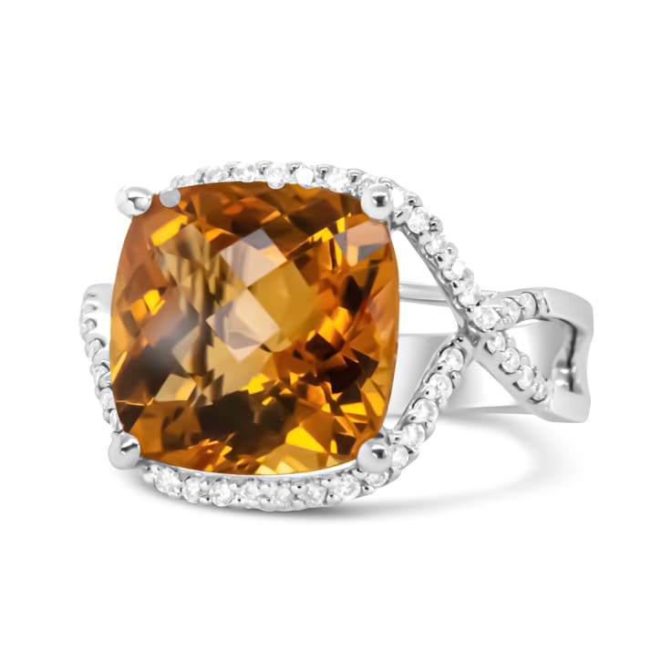 14K White Gold Cushion Citrine and 1/3ctw Round Diamond Ring(H-I Color,
VS1-VS2 Clarity)- Size 6.5