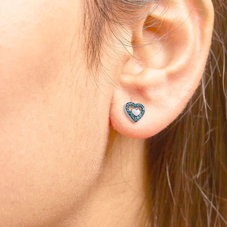 Sterling Silver 1/6 Cttw Blue Diamond Open Double Heart Stud Earrings