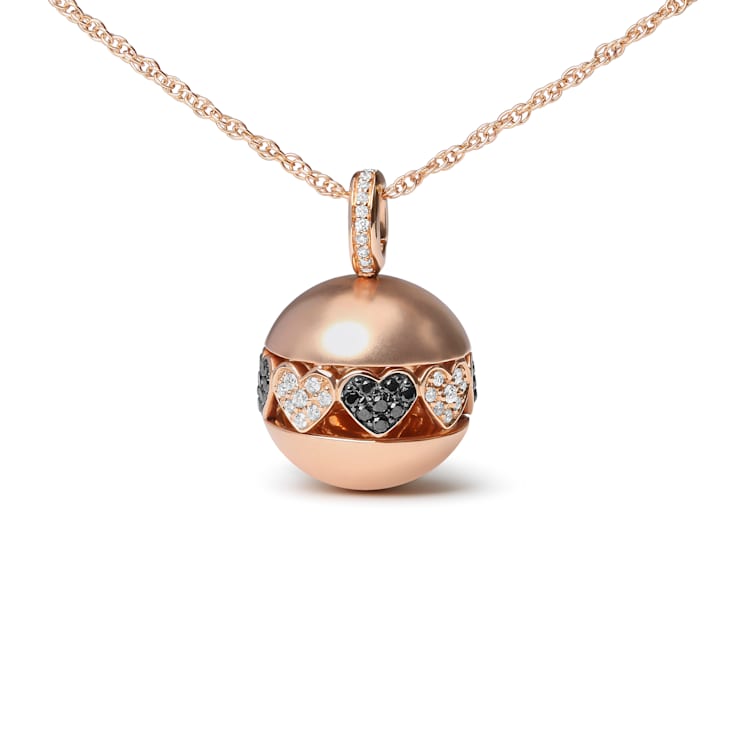 18K Rose Gold Pave Round Black and White Diamonds Ball with Heart Design Pendant