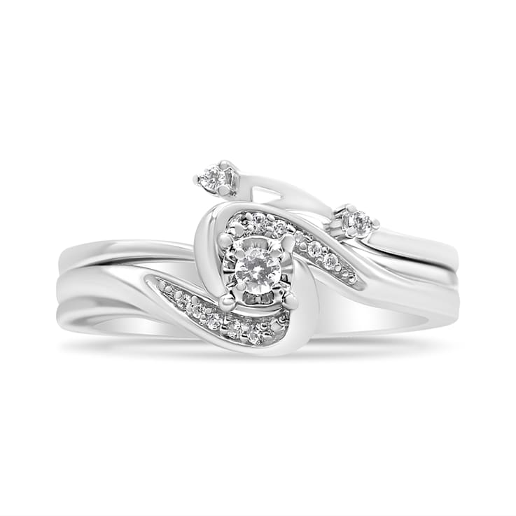 Sterling Silver 1/10ctw Diamond Swirl and Bypass Bridal Set Ring and Band