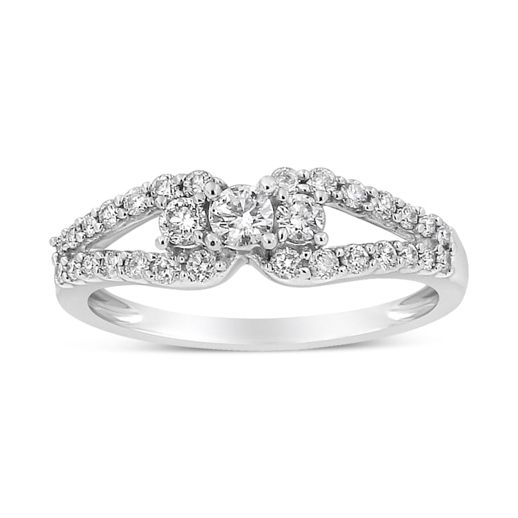 10K White Gold 1/2ctw Round Diamond Three Stone Split Shank Ring (H-I
Color, SI1-SI2 Clarity)