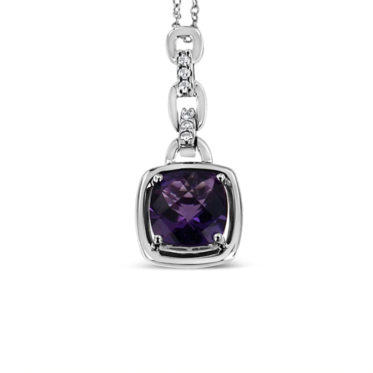 .925 Sterling Silver 6x6MM Cushion Purple Amethyst and Diamond Accented
Bale 18" Pendant Necklace