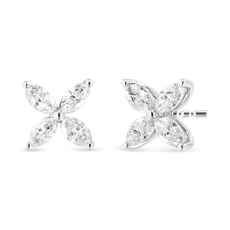1.00ctw Marquise Diamond 8-Stone Floral Leaf 14K White Gold Stud Earrings
