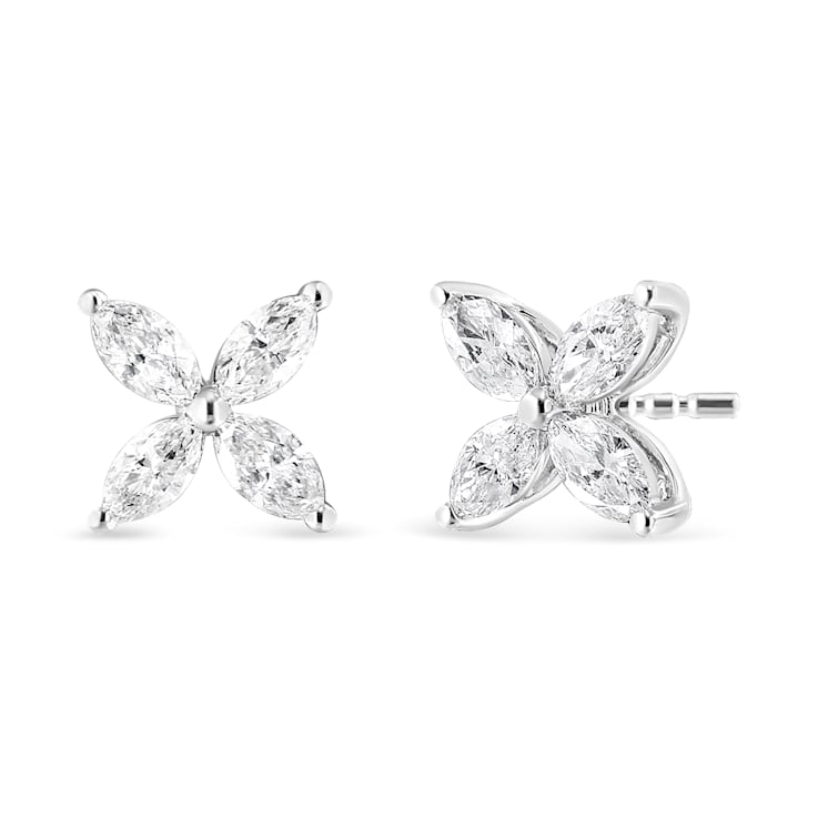 1.00ctw Marquise Diamond 8-Stone Floral Leaf 14K White Gold Stud Earrings
