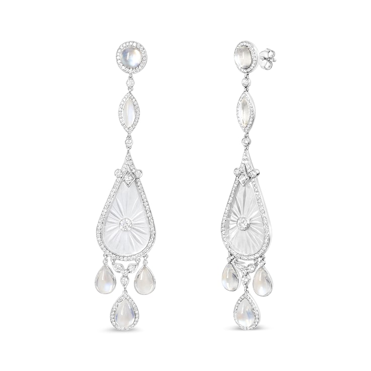 Platinum 1 5 8ctw Round Diamond Moon Stone and Hand Carved Rock Crystal Dangle Drop Earrings 11XWGA