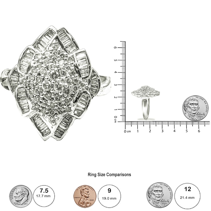 14K White Gold 7/8ctw Round and Baguette Diamond Cluster Ring (H-I
Color, SI2-I1 Clarity) - Size 7