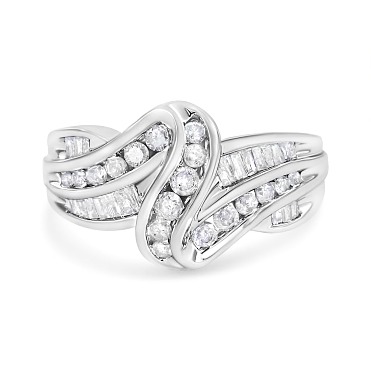 10K White Gold Ring 3/4ctw Round and Baguette-Cut Diamond Bypass Ring
(H-I Color, I2-I3 Clarity)