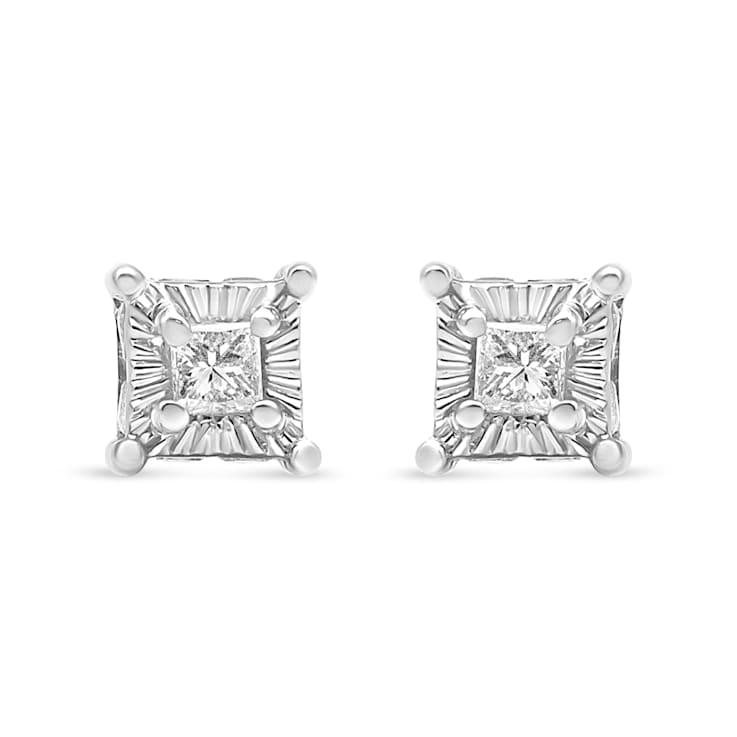 Sterling Silver 1/4ctw Miracle Set Princess-Cut Diamond Solitaire Stud
Earrings with Hidden Halo
