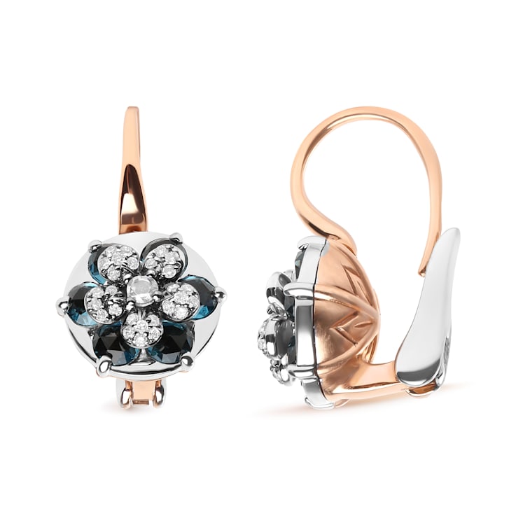 18K Two-tone Gold Round Blue Topaz and Round Diamonds Cluster Floral
Drop Hoop Earrings
