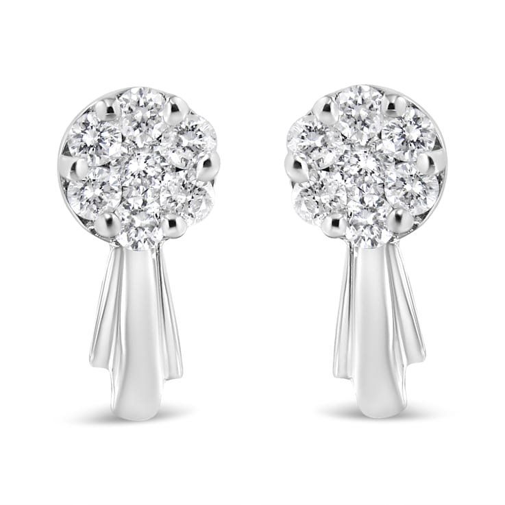 14K White Gold 3/4ctw Diamond Floral Cluster Drop and Dangle Stud Earrings