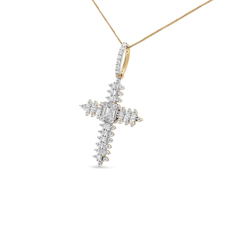 0.875ctw Round and Baguette Diamond Zigzag Cross 10K Yellow Gold Pendant