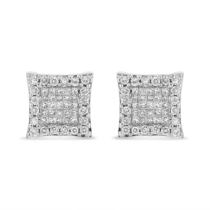 14K White Gold 1.0ctw Princess And Round-Cut Diamond Square Stud Earrings