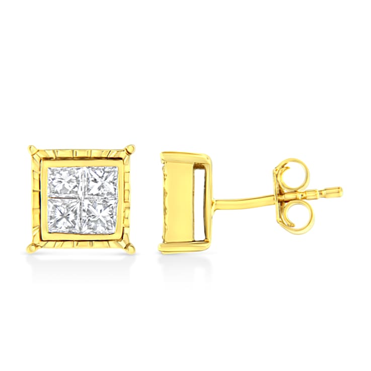 14K Yellow Gold 1.0ctw Invisible Set Princess-Cut Diamond Composite 8
Stone Stud Earrings