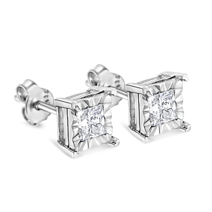 Sterling Silver 1/4ctw Miracle Set Princess-cut Diamond Solitaire Stud Earrings