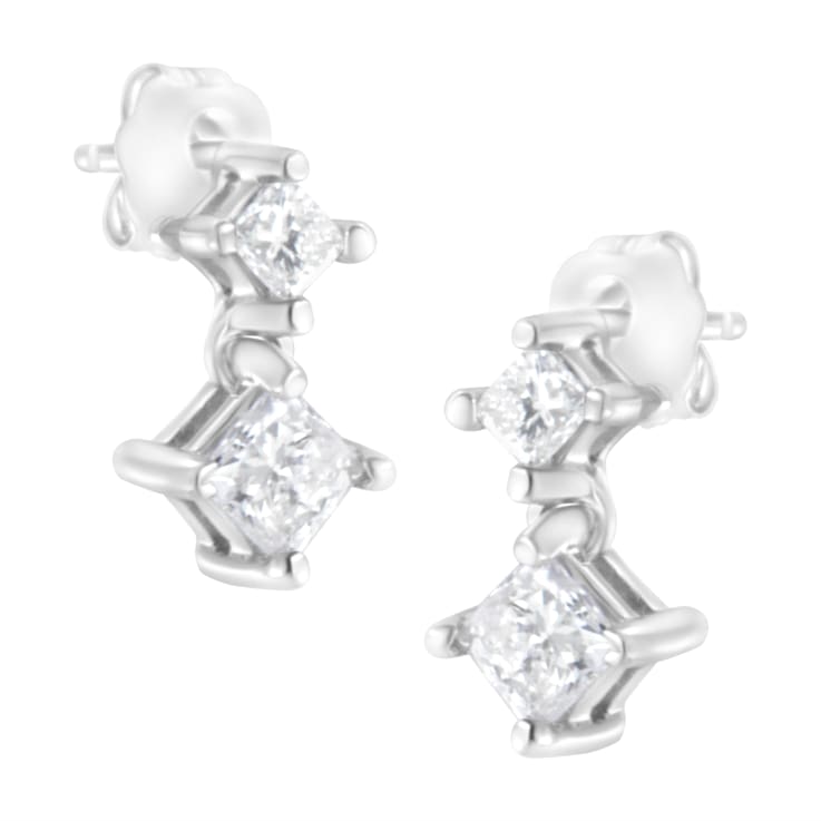 14K White Gold 3/4ctw Double Diamond Princess-Cut Stud Earrings