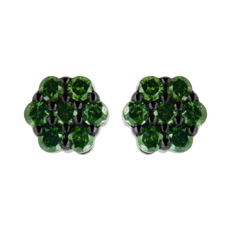 Sterling Silver 2.0ctw Prong Set Round-Cut Treated Green Diamond Floral
Cluster Stud Earring
