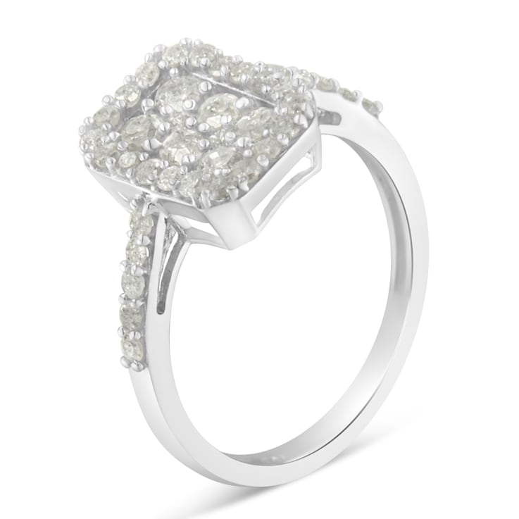 Sterling Silver 1.0ctw Diamond Emerald-Shaped Cluster with Halo Ring
(I-J Color, I3 Clarity)